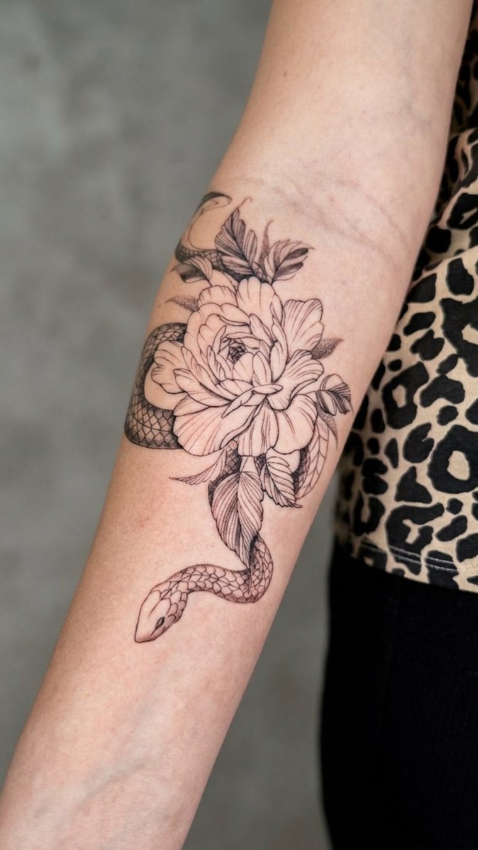Графическая тату змея на руке — Томск